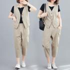 Set: Plain Short-sleeve T-shirt + Single-breasted Vest + Cropped Harem Pants