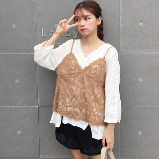 Set: Lace Camisole Top + Long-sleeve Plain T-shirt