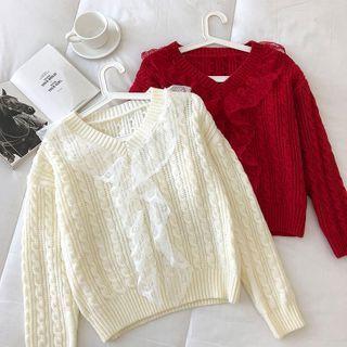Long-sleeve V-neck Lace Cable-knit Top