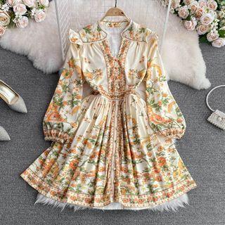 Long Sleeve V-neck Print A-line Dress
