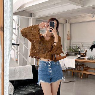 Collared Wide-sleeve Crochet Top