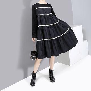 Striped Long-sleeve Midi Shiftdress