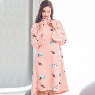 Set: Cherry Print Coral Fleece Sleep Dress + Facial Headband