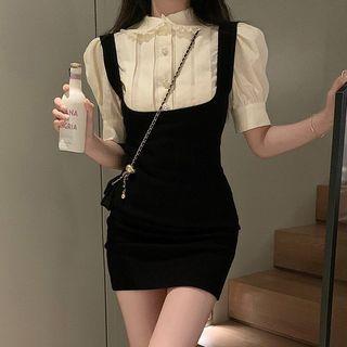 Puff-sleeve Blouse / Mini Sheath Overall Dress