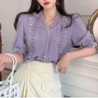 Elbow-sleeve Lace Trim Buttoned Blouse