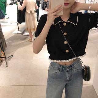 Short-sleeve Collar Lettuce Edge Crop Top