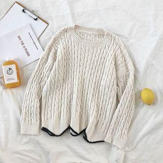 Glitter Panel Crewneck Cable-knit Long-sleeve Sweater