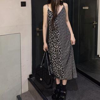 Spaghetti Strap Floral Midi A-line Dress Floral - Black - One Size