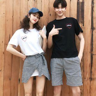 Couple Matching Short-sleeve Embroidered Heart T-shirt / Checker Shorts / Wrap Mini Skirt / Set