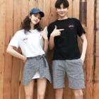 Couple Matching Short-sleeve Embroidered Heart T-shirt / Checker Shorts / Wrap Mini Skirt / Set
