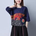 Embroidered Panel Elbow-sleeve Top