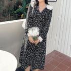 Long-sleeve Floral Print Contrast Trim Midi A-line Dress