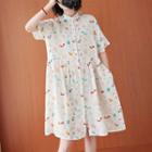 Printed Short-sleeve A-line Dress White - One Size