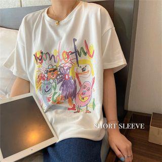Oversized Elbow-sleeve Printed T-shirt White - One Size