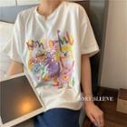 Oversized Elbow-sleeve Printed T-shirt White - One Size
