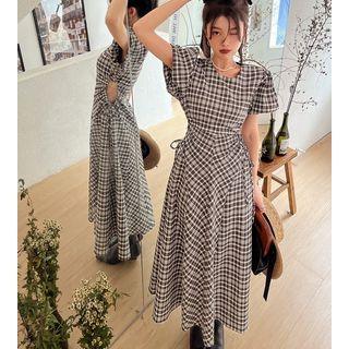 Short-sleeve Cutout Check A-line Midi Dress