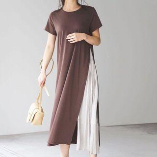 Short-sleeve Two Tone Midi Dress Black - One Size