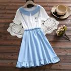 Mock Two-piece Short-sleeve Frill Trim A-line Dress