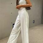 Sleeveless Button-trim Wide-leg Jumpsuit