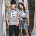 Couple Matching Striped Short Sleeve T-shirt / Short Sleeve T-shirt Dress + Midi Mesh Skirt