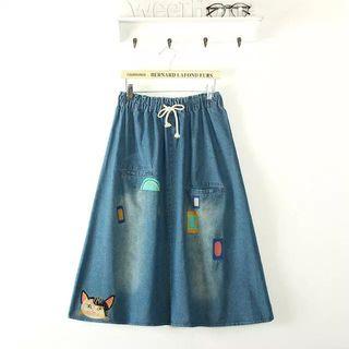 Drawstring Washed Embroidered Denim Skirt