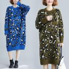 Leopard Print Long-sleeve Midi Knit Dress
