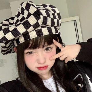 Checkerboard Pattern Beret Black & Almond - M