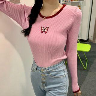 Contrast Trim Butterfly Embroidered Knit Top