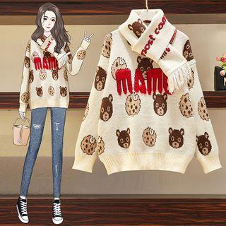 Set: Bear Print Sweater + Scarf