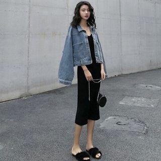 V-neck Midi Spaghetti Strap Knit Dress / Denim Jacket