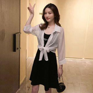 Sleeveless Plain Halter Dress & Long-sleeve Plain Cardigan