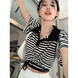 Elbow-sleeve Striped Polo Shirt Striped - Black & White - One Size