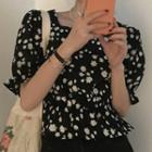 Puff-sleeve Floral Cropped Blouse Black - One Size