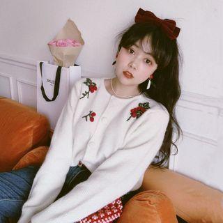 Long-sleeve Floral Embroidery Buttoned Knit Top Red Cherries - White - One Size