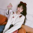 Long-sleeve Floral Embroidery Buttoned Knit Top Red Cherries - White - One Size
