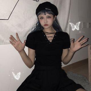 Lace-up Front Short-sleeve Top Black - One Size