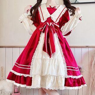 Long-sleeve Mock Two-piece Lace Trim A-line Dress / Headpiece / Set