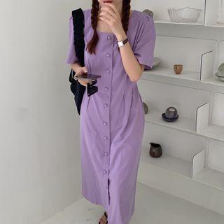 Short-sleeve Square-neck Single-breasted Dress