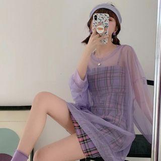 Set: Sheer Sweatshirt + Spaghetti Strap Plaid Mini A-line Dress