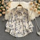 Tied Collar Butterfly Print Bubble Long-sleeve Top Almond - One Size