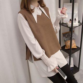 Set: Tie-cuff Blouse + V-neck Side Tie Knit Vest