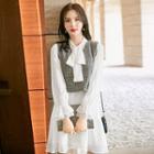 Set: Long-sleeve A-line Chiffon Dress + Frayed Edge Tweed Vest