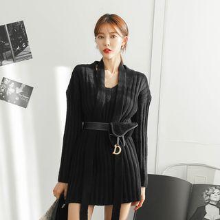 V-neck Ribbed Long Sweater With Sash