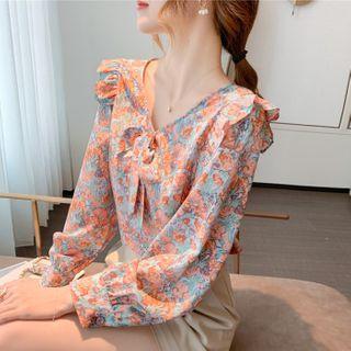 Long Sleeve V-neck Floral Print Blouse