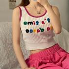Letter Embroidered Contrast Trim Knit Camisole As Shown In Figure - One Size
