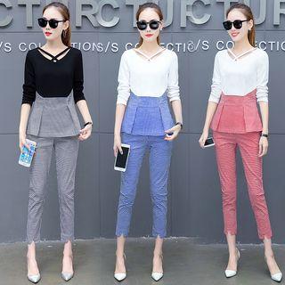 Set: Plaid Panel Long-sleeve Top + Slim Fit Pants