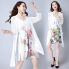 Set: 3/4-sleeve Light Jacket + Sleeveless Printed A-line Dress