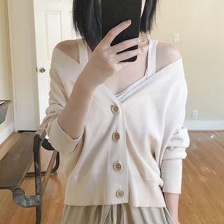 Set: Cardigan + Print Spaghetti Strap Dress