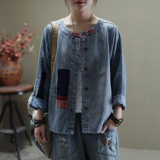 Mandarin Collar Denim Shirt Jacket Blue - One Size