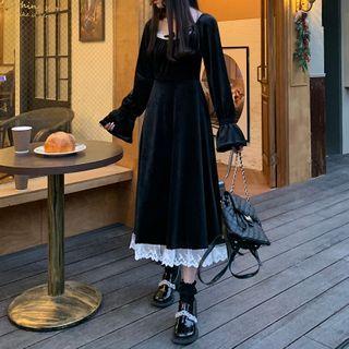 Bell-sleeve Lace Trim Loose Fit Velvet Dress